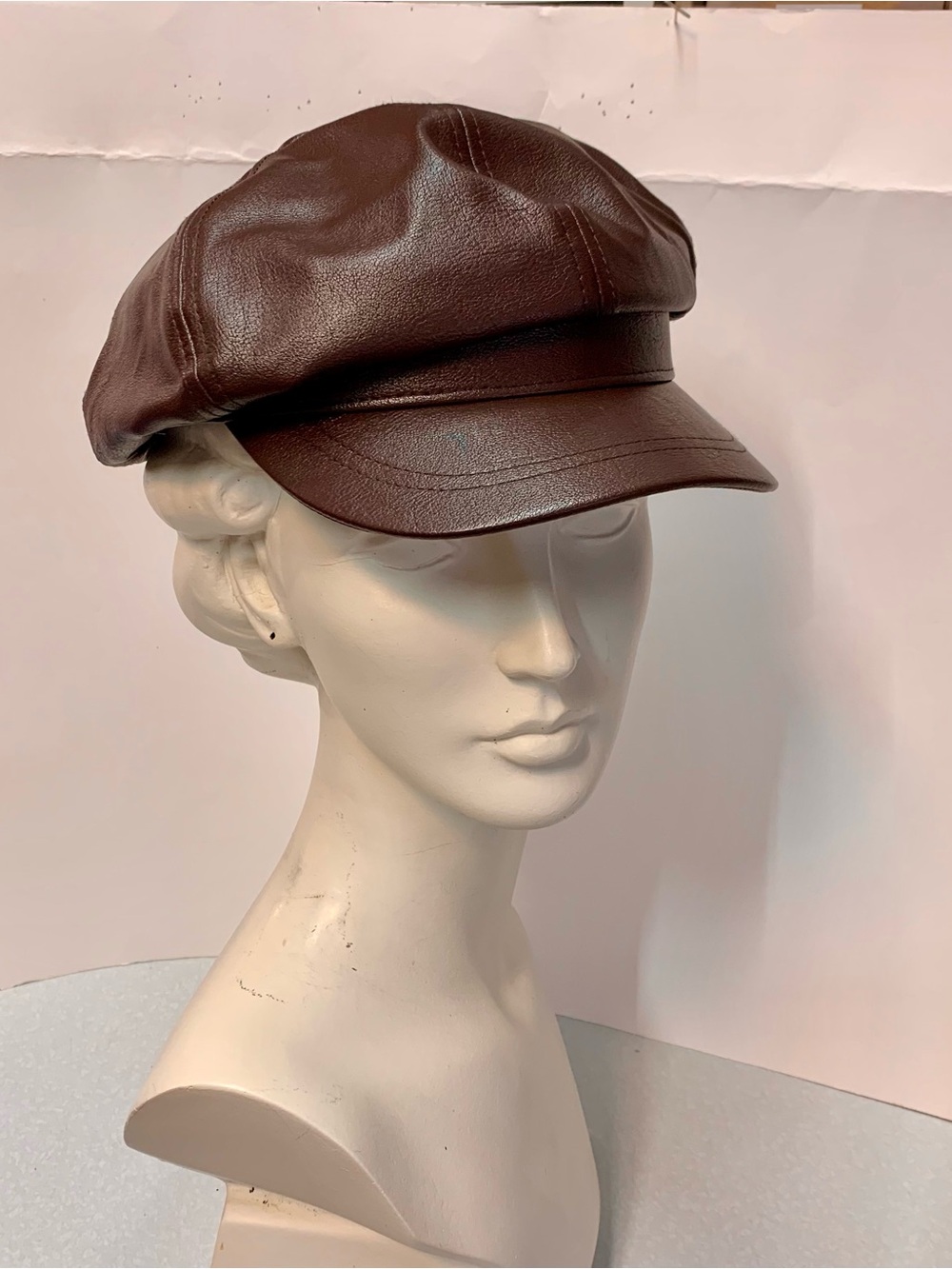 Vintage Style Brown Faux Leather Newsboy Cap - Baker Boy Cabbie Hat (One Size)